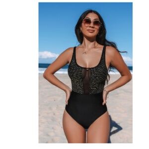 Black Mesh U-Neck Standard One-Piece